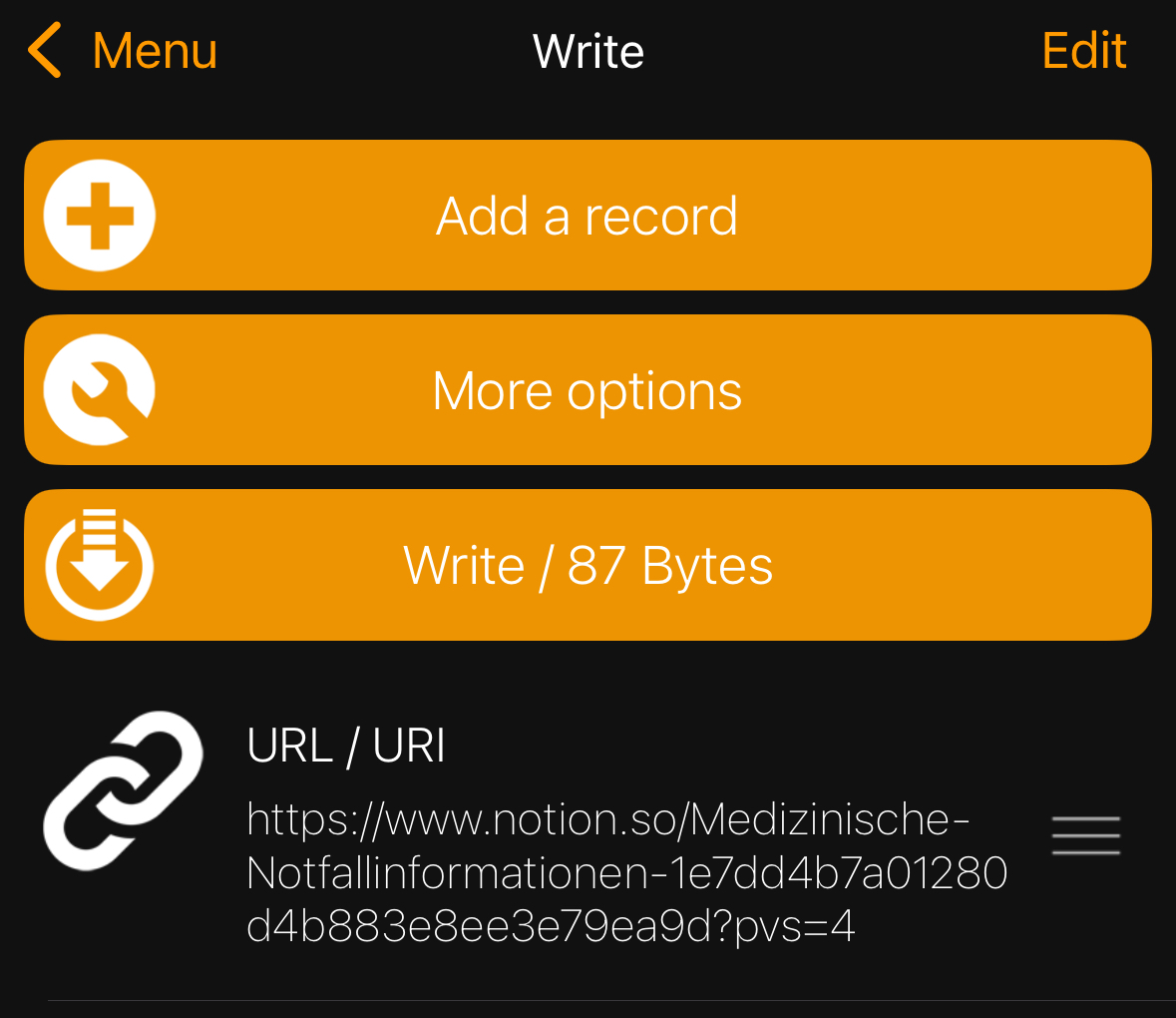 NFC Tools Android - Schreibmenü mit hinzugefügtem Link