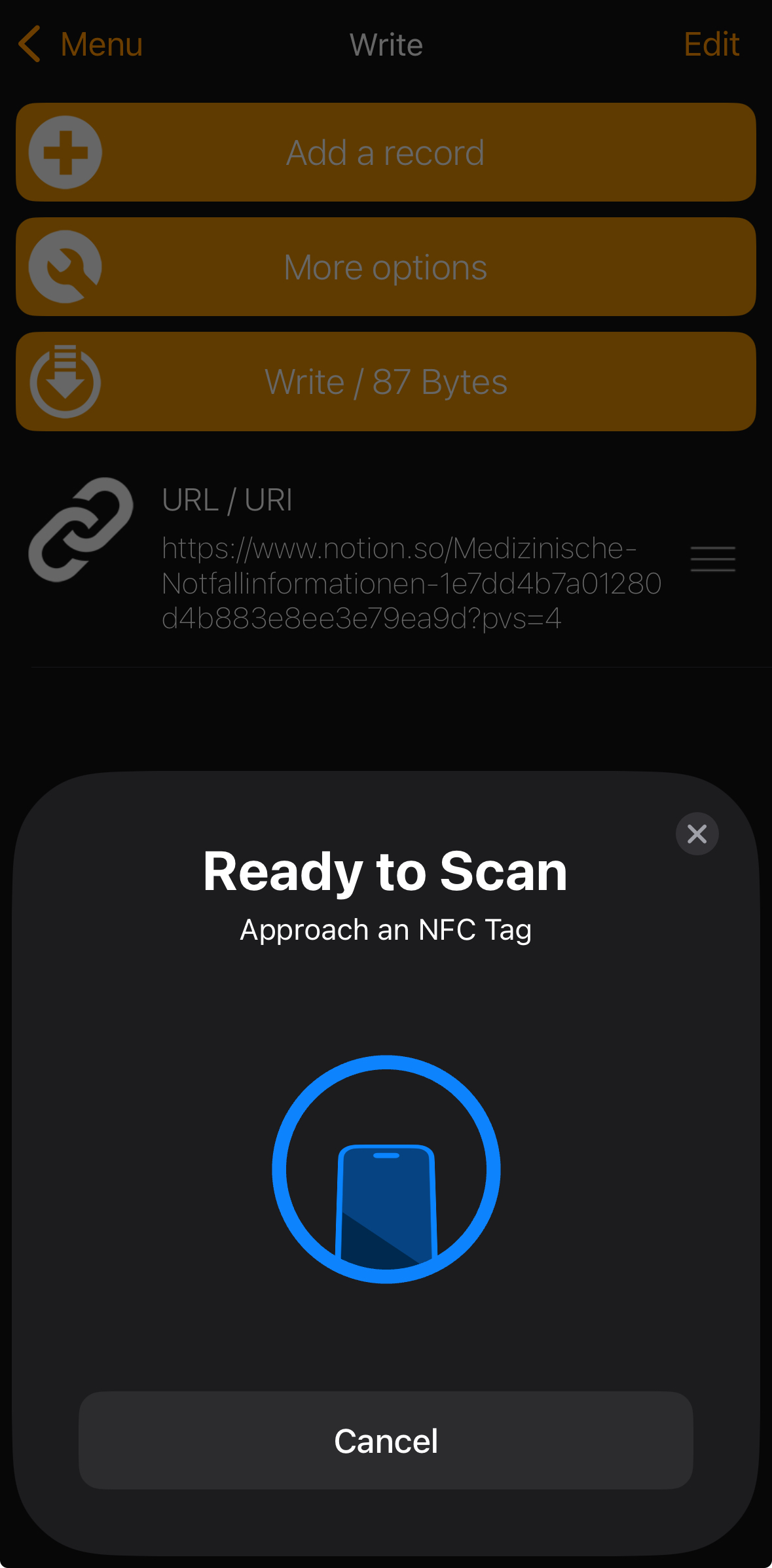 NFC Tools iPhone - Nach dem Klicken auf Schreiben, warten auf Tag