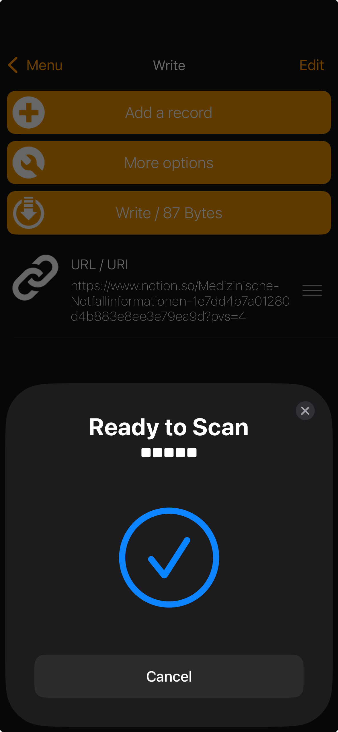 NFC Tools iPhone - Erfolgreiche Schreibbestätigung